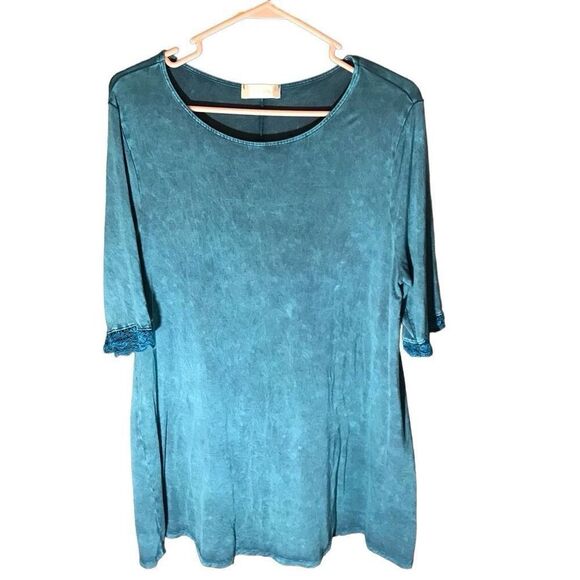 ALTAR’D STATE Women’s Large teal Blue tunic top lace short sleeve - Picture 1 of 4